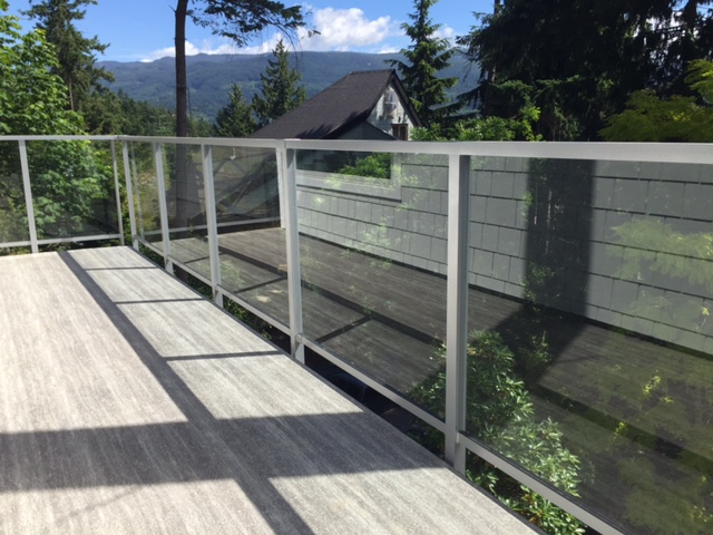 aluminum and glass deck railing, silver, fascia mounted, burnaby